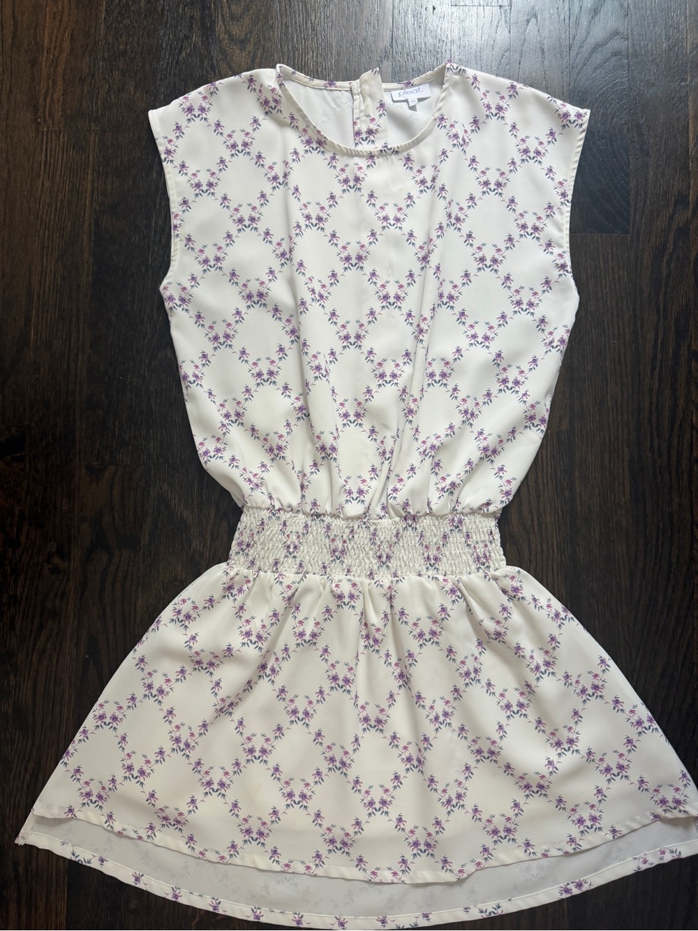 Pleat Girls Cream Dress with Lilac Floral Print and Smocked Waist